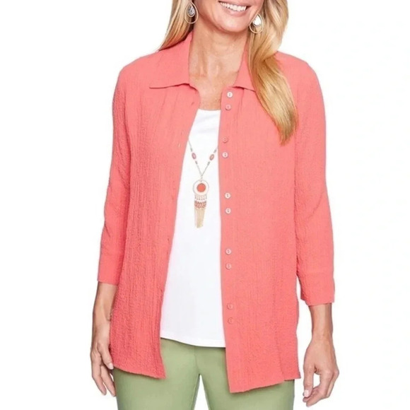 Alfred Dunner Coral Button Down 3/4 Sleeves Top - Picture 1 of 14